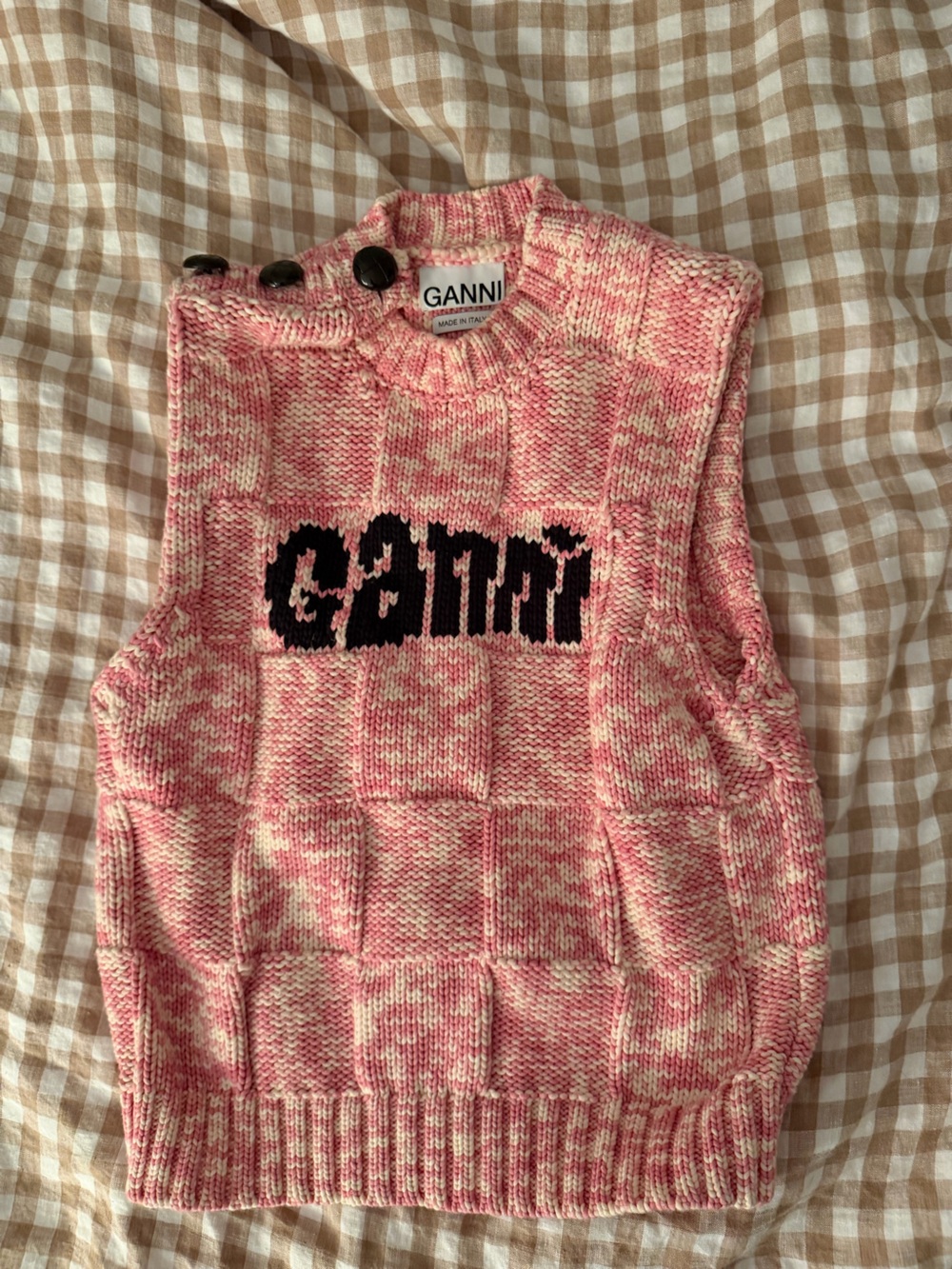 Ganni Pink Knit Sweater Vest with Black Logo